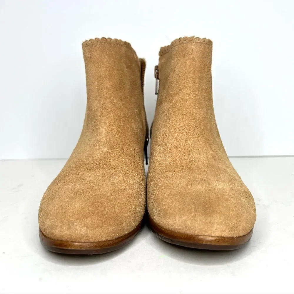 Jack Rogers Baliee‎ Suede Caramel Scalloped Trim Heeled Ankle Booties 6